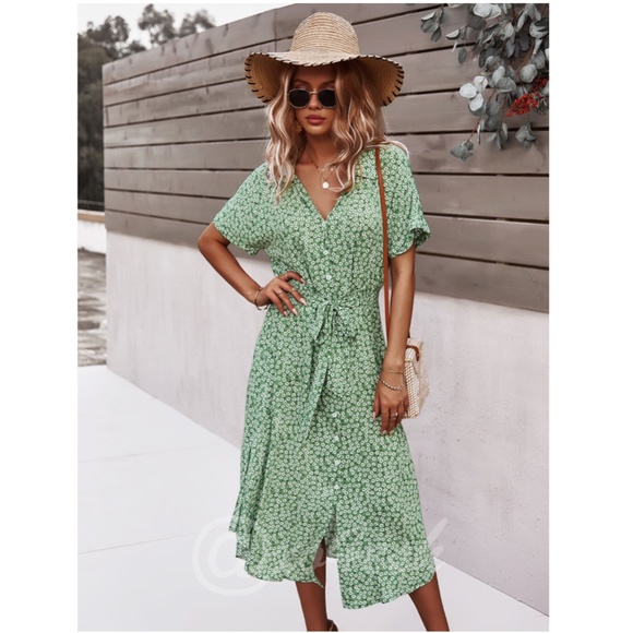 Green Floral Print Midi Dress Button Front V-Neck - Picture 3 of 16